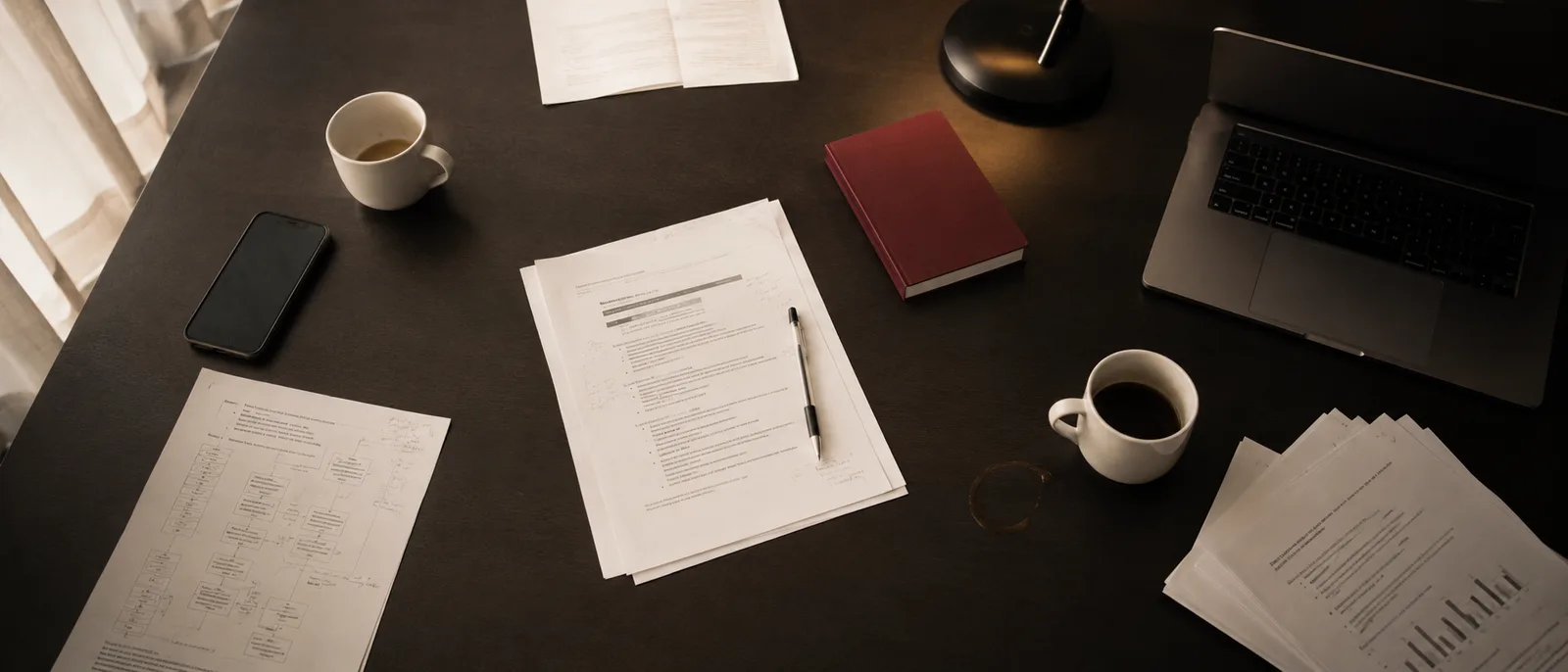 A meeting table seen from above, mid-meeting but empty of people