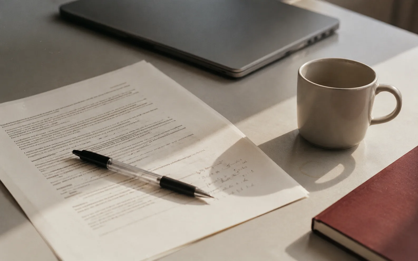 A printed document, pen, and cold coffee left on a desk